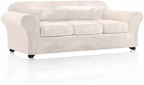 PrinceDeco Velvet XL Couch Cover for Oversized Sofa 4 Piece Sofa Covers for 3 Cushion Couch Washable Furniture Protector with Non Slip Elastic Bottom Width Up to 97 Inch(X-Large, Ivory)