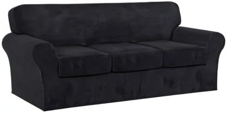 FantasDecor 4 Piece Sofa Velvet Couch Covers for 3 Cushion Stretch Slipcover with Individual Seat Cushion Elastic Furniture Protector for Pets, Machine Washable (Sofa, Black)