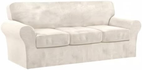 FantasDecor 4 Piece Sofa Velvet Couch Covers for 3 Cushion Stretch Slipcover with Individual Seat Cushion Elastic Furniture Protector for Pets, Machine Washable (Sofa, Ivory)