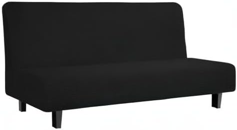 Easy-Going Stretch Futon Slipcover Armless Futon Bed Cover Furniture Protector Without Armrests with Elastic Bottom for Kids, Soft Jacquard Fabric Small Checks (Large, Black)