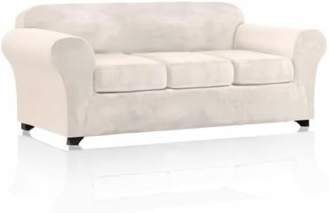 PrinceDeco Velvet Couch Covers for Sofa Soft 4 Pieces Couch Covers for 3 Cushion Couch Sofa Pet Friendly Furniture Protector with Non Slip Elastic Bottom Width Up to 90 Inch (Large, Ivory)