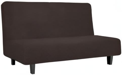 Easy-Going Stretch Futon Slipcover Armless Futon Bed Cover Furniture Protector Without Armrests with Elastic Bottom for Kids, Soft Jacquard Fabric Small Checks (Medium, Chocolate)