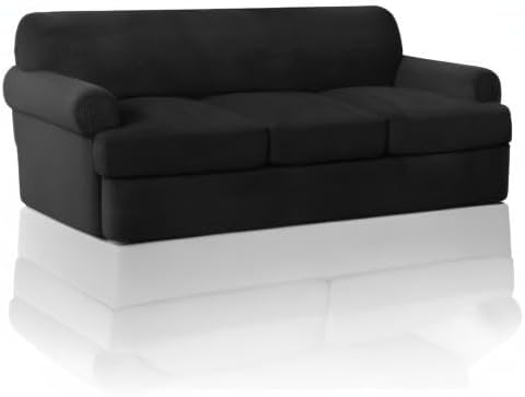 PrinceDeco T Cushion Sofa Slipcover 4 Pieces Sofa Covers for T Cushion Couch Soft Sofa Slip Covers Furniture Protector with 3 Individual T Shape Seat Covers (70"-88") Washable, Black