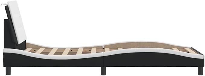 Modern Faux Leather Platform Bed Frame, Black and White, with Cushioned Headboard for Bedroom Furniture Assembly