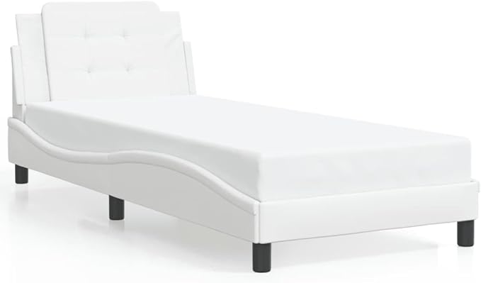 White Faux Leather Platform Bed Frame for Twin Size Mattress, Modern Bedroom Furniture, Easy Assembly, Durable Support