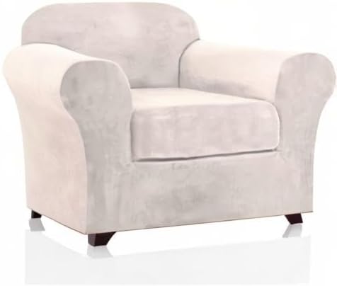 PrinceDeco Velvet Plush Couch Cover Stretch 2 Piece Chair Cover Chair Slipcover Washable Furniture Protector Couch Soft with Elastic Bottom Armchair Cover Width Up to 49 Inch(Small, Ivory)