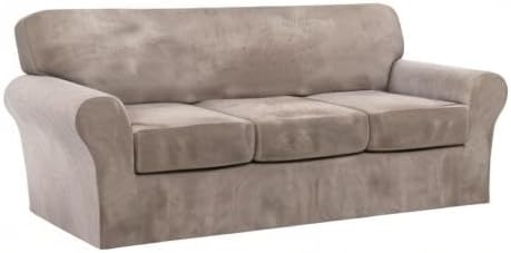 FantasDecor 4 Piece Sofa Velvet Couch Covers for 3 Cushion Stretch Slipcover with Individual Seat Cushion Elastic Furniture Protector for Pets, Machine Washable (Sofa, Taupe)