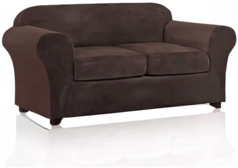 PrinceDeco Velvet Couch Cover Loveseat Covers for 2 Cushion Couch 3 Piece Sofa Covers for Dogs Washable Loveseat Covers Width Up to 72 Inch No Slip Stretch Sofa Slipcover (Medium, Brown)