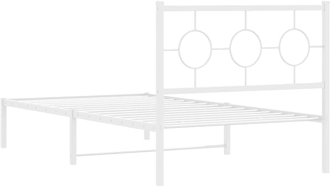 vidaXL White Steel Single Bed Frame with Headboard - Industrial Style, 39.4"x78.7" Mattress Compatible, Bedroom Platform Bed