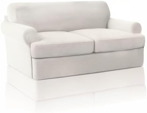 PrinceDeco T Cushion Loveseat Slipcover 3 Pieces Sofa Covers for T Cushion Sofa Stretch Slip Covers for 2 Cushion Couch with 2 Individual T Shape Seat Covers Width Up to 76"- Washable, Ivory