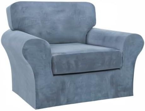 FantasDecor 2 Piece Chair Sofa Covers Velvet for Living Room Slipcovers with Individual Cushion Elastic Furniture Protector for Pets, Machine Washable (Armchair, Stone Blue)