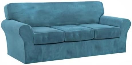FantasDecor 4 Piece Sofa Velvet Couch Covers for 3 Cushion Stretch Slipcover with Individual Seat Cushion Elastic Furniture Protector for Pets, Machine Washable (Sofa, Peacock Blue)