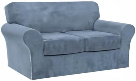 FantasDecor 3 Piece Sofa Covers Velvet for 2 Cushion Couch Stretch Loveseat Slipcover with Individual Seat Elastic Furniture Protector for Pets (Loveseat, Stone Blue)