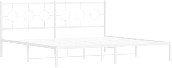 vidaXL White Metal King Bed Frame with Elegant Headboard - 76"x79.9" Industrial Steel Construction, Breathable Slats, Added Bedroom Storage