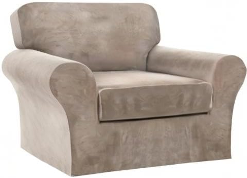 FantasDecor 2 Piece Chair Sofa Covers Velvet for Living Room Slipcovers with Individual Cushion Elastic Furniture Protector for Pets, Machine Washable (Armchair, Taupe)