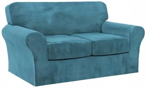 FantasDecor 3 Piece Sofa Covers Velvet for 2 Cushion Couch Stretch Loveseat Slipcover with Individual Seat Elastic Furniture Protector for Pets (Loveseat,PeacockBlue)