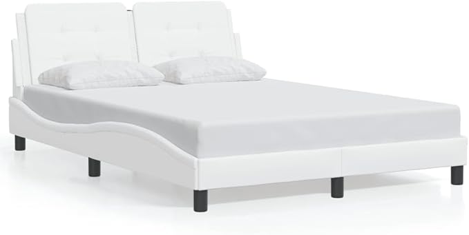 Bed Frame White Modern Faux Leather Bed Frame with Headboard, Sturdy Single Mattress Support for Bedroom