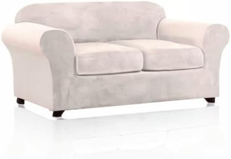 PrinceDeco Velvet Couch Cover Loveseat Covers for 2 Cushion Couch 3 Piece Sofa Covers for Dogs Washable Loveseat Covers Width Up to 72 Inch No Slip Stretch Sofa Slipcover(Medium, Ivory)