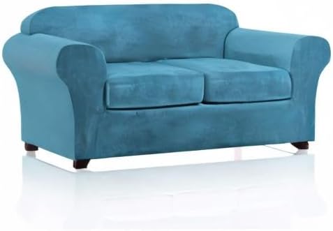 PrinceDeco Velvet Couch Cover Loveseat Covers for 2 Cushion Couch 3 Piece Sofa Covers for Dogs Washable Loveseat Covers Width Up to 72 Inch No Slip Stretch Sofa Slipcover(Medium, Blue)