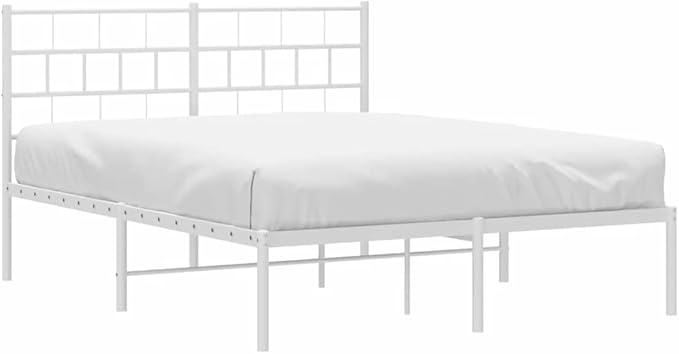 White Metal Full Bed Frame with Headboard 77.2 x 55.9 x 35.4 in Powder-Coated Steel Platform Full Mattress Base Bedroom Furniture Modernes Design Robust for Adults
