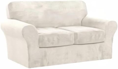 FantasDecor 3 Piece Sofa Covers Velvet for 2 Cushion Couch Stretch Loveseat Slipcover with Individual Seat Elastic Furniture Protector for Pets (Loveseat, Ivory)