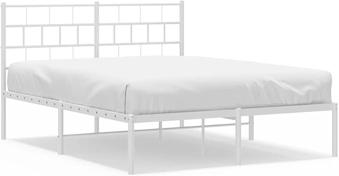 White Metal Full Bed Frame with Headboard 77.2 x 55.9 x 35.4 in Powder-Coated Steel Platform Full Mattress Base Bedroom Furniture Modernes Design Robust for Adults