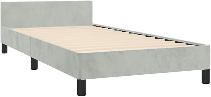 Light Grey Velvet Bed Frame with Soft Touch Upholstery and Durable Plywood Structure, Modern Single Bed for Adults, Compact Size Ideal for Small Bedrooms, Easy Assembly