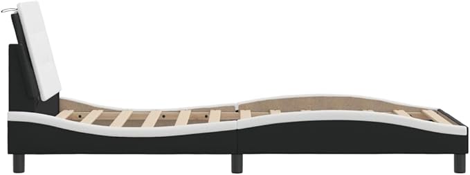 Modern Black and White Platform Bed Frame, Single Size, Faux Leather Upholstered, Durable Wood Construction, Stylish Bedroom Furniture