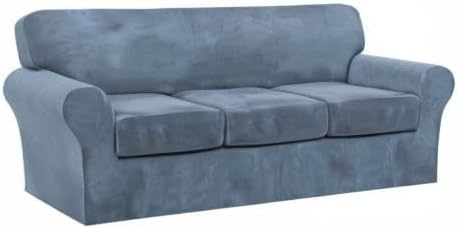 FantasDecor 4 Piece Sofa Velvet Couch Covers for 3 Cushion Stretch Slipcover with Individual Seat Cushion Elastic Furniture Protector for Pets, Machine Washable (Sofa,Stone Blue)