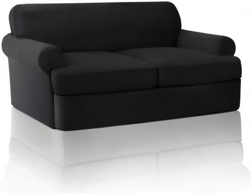 PrinceDeco T Cushion Loveseat Slipcover 3 Pieces Sofa Covers for T Cushion Sofa Stretch Slip Covers for 2 Cushion Couch with 2 Individual T Shape Seat Covers Width Up to 72"- Washable, Black