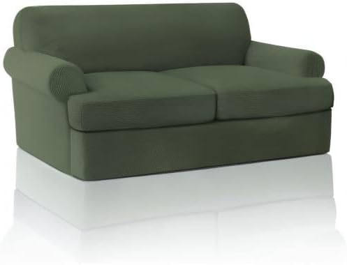 PrinceDeco T Cushion Loveseat Slipcover - 3 Pieces Sofa Cover for 2 Cushion Couch with 2 Individual T Shape Seat Covers Width Up to 76 Inch - Stretch, Machine Washable, Bronze Green