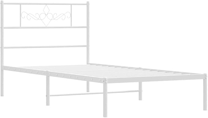 Single Metal Bed Frame with Headboard, White Powder-Coated Steel Design for Modern Bedroom, Underbed Storage Space, Durable Mattress Support for Reading and