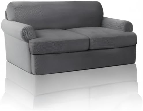 PrinceDeco T Cushion Loveseat Slipcover 3 Pieces Sofa Covers for T Cushion Sofa Stretch Sofa Covers for 2 Cushion Couch with 2 Individual T Shape Seat Covers Width Up to 76"- Washable, Grey