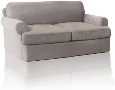 PrinceDeco T Cushion Loveseat Slipcover 3 Pieces Sofa Covers for T Cushion Sofa Stretch Slip Covers for 2 Cushion Couch with 2 Individual T Shape Seat Covers Width Up to 76" -Washable, Taupe