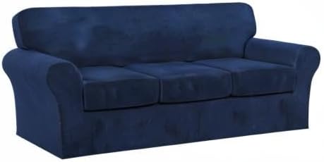 FantasDecor 4 Piece Sofa Velvet Couch Covers for 3 Cushion Stretch Slipcover with Individual Seat Cushion Elastic Furniture Protector for Pets, Machine Washable (Sofa, Navy)