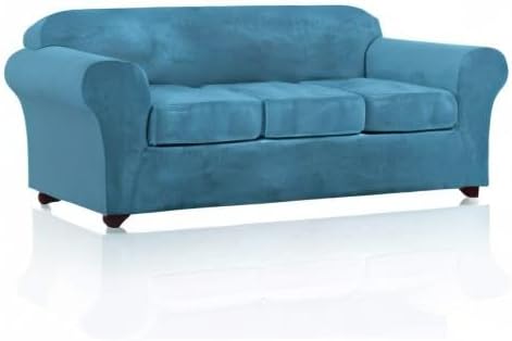 PrinceDeco Velvet Couch Covers for Sofa Soft 4 Pieces Couch Covers for 3 Cushion Couch Sofa Pet Friendly Furniture Protector with Non Slip Elastic Bottom Width Up to 90 Inch (Large, Blue)