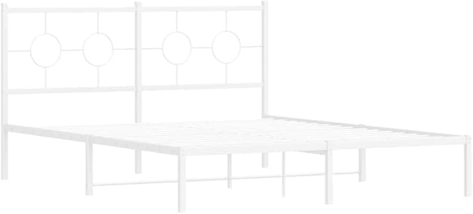 vidaXL White Steel Double Bed Frame with Headboard - Elegant Metal Slats Design (59.1"x78.7") for Modern Bedroom