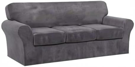 FantasDecor 4 Piece Sofa Velvet Couch Covers for 3 Cushion Stretch Slipcover with Individual Seat Cushion Elastic Furniture Protector for Pets, Machine Washable (Sofa, Gray)