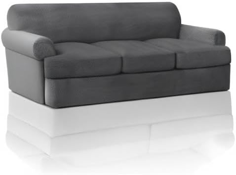 PrinceDeco T Cushion Sofa Slipcover 4 Pieces Sofa Covers for T Cushion Couch Soft Sofa Slip Covers Furniture Protector with 3 Individual T Shape Seat Covers (70"-88") Washable, Grey