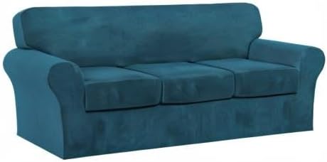FantasDecor 4 Piece Sofa Velvet Couch Covers for 3 Cushion Stretch Slipcover with Individual Seat Cushion Elastic Furniture Protector for Pets, Machine Washable (Sofa, Deep Teal)