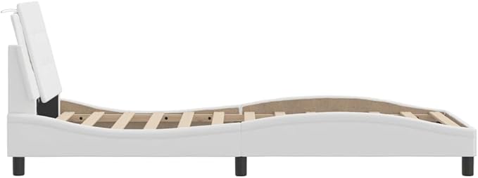 Twin Bed Frame White Upholstered Platform Bed with Storage Space Modern Faux Leather Design Easy Assembly for Bedroom