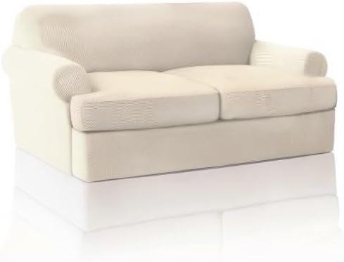 PrinceDeco T Cushion Loveseat Slipcover 3 Pieces Sofa Covers for T Cushion Sofa Stretch Slip Covers for 2 Cushion Couch with 2 Individual T Shape Seat Covers Width Up to 76"- Washable, Natural