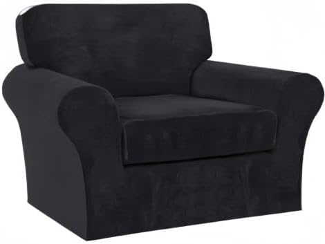 FantasDecor 2 Piece Chair Sofa Covers Velvet for Living Room Slipcovers with Individual Cushion Elastic Furniture Protector for Pets, Machine Washable (Armchair, Black)