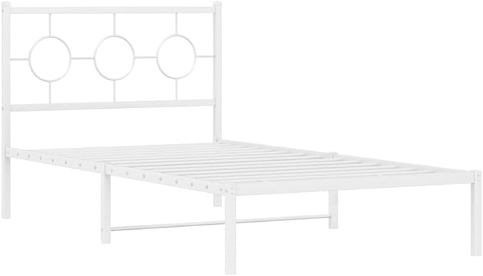 vidaXL White Steel Single Bed Frame with Headboard - Industrial Style, 39.4"x78.7" Mattress Compatible, Bedroom Platform Bed