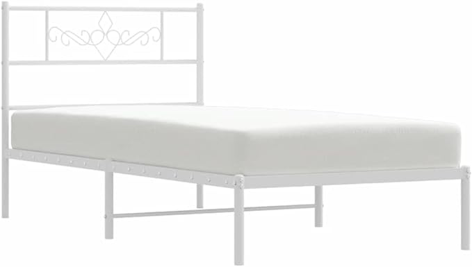 Modern White Powder-Coated Steel Bed Frame with Headboard for Single Mattress and Underbed Storage Space