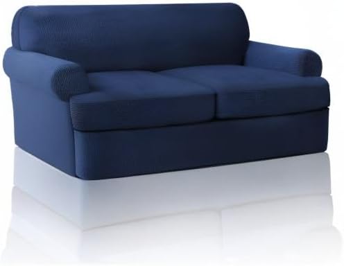 PrinceDeco T Cushion Loveseat Slipcover 3 Pieces Sofa Covers for T Cushion Sofa Stretch Slip Covers for 2 Cushion Couch with 2 Individual T Shape Seat Covers Width Up to 76"- Washable, Navy