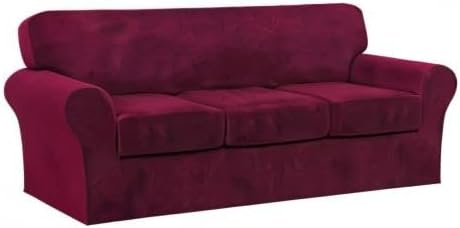 FantasDecor 4 Piece Sofa Velvet Couch Covers for 3 Cushion Stretch Slipcover with Individual Seat Cushion Elastic Furniture Protector for Pets, Machine Washable (Sofa, Burgundy)