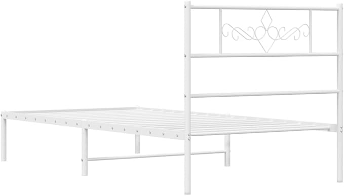 Modern White Powder-Coated Steel Bed Frame with Headboard for Single Mattress and Underbed Storage Space