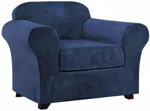 PrinceDeco Velvet Plush Couch Cover Stretch 2 Piece Chair Cover Chair Slipcover Washable Furniture Protector Couch Soft with Elastic Bottom Armchair Cover Width Up to 49 Inch(Small,Navy)