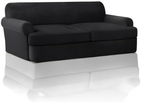 PrinceDeco T Cushion Sofa Slipcover 3 Pieces Sofa Covers for T Cushion Couch Soft Couch Covers Sofa Slip Cover Furniture Covers with 2 Individual T Shape Seat Covers Width Up to 88", Black